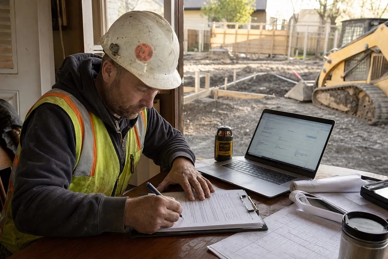 A site contractor signing registration paperwork at a table with a laptop open, in a natural documentary style.
