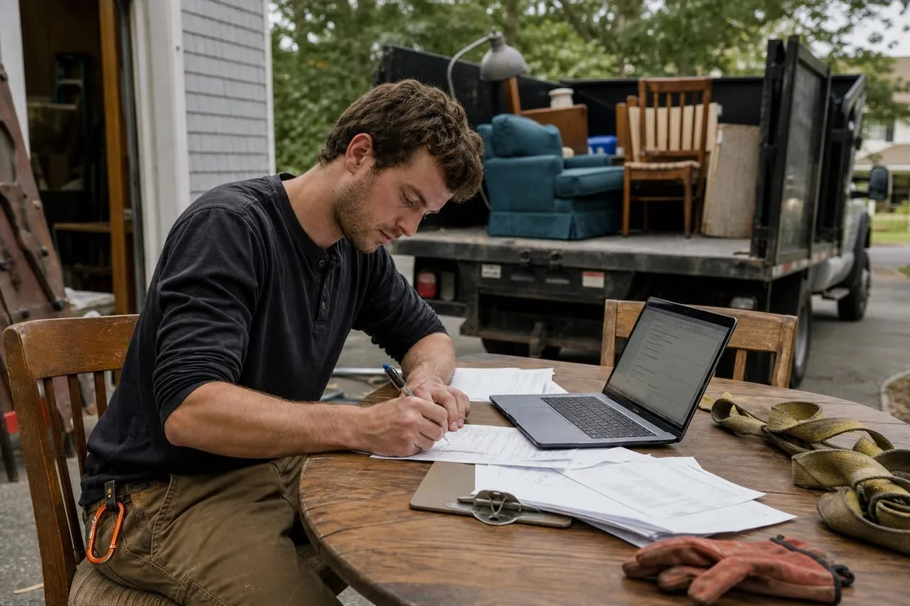 A junk removal operator signing registration paperwork at a table with a laptop open, in a natural documentary style.