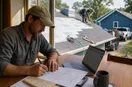 A roofing contractor signing registration paperwork at a table with a laptop open, in a natural documentary style.