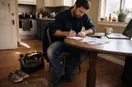 A licensed electrician at a kitchen table writing startup-cost numbers in a notebook with a toolbag on the floor.