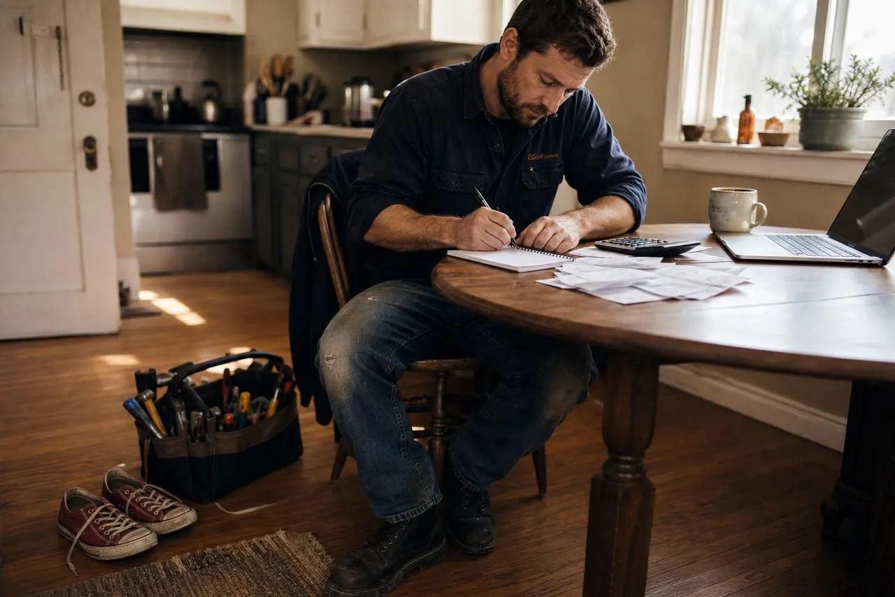 A licensed electrician at a kitchen table writing startup-cost numbers in a notebook with a toolbag on the floor.