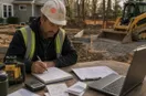 A site contractor at a kitchen table totaling startup costs with a calculator, notebook, and receipts, in a natural documentary style.