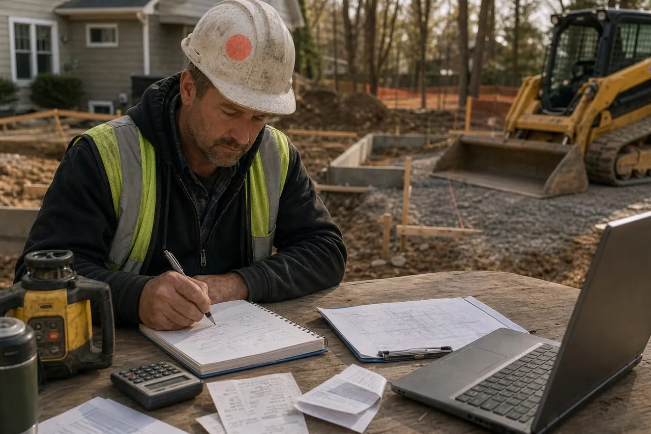 A site contractor at a kitchen table totaling startup costs with a calculator, notebook, and receipts, in a natural documentary style.