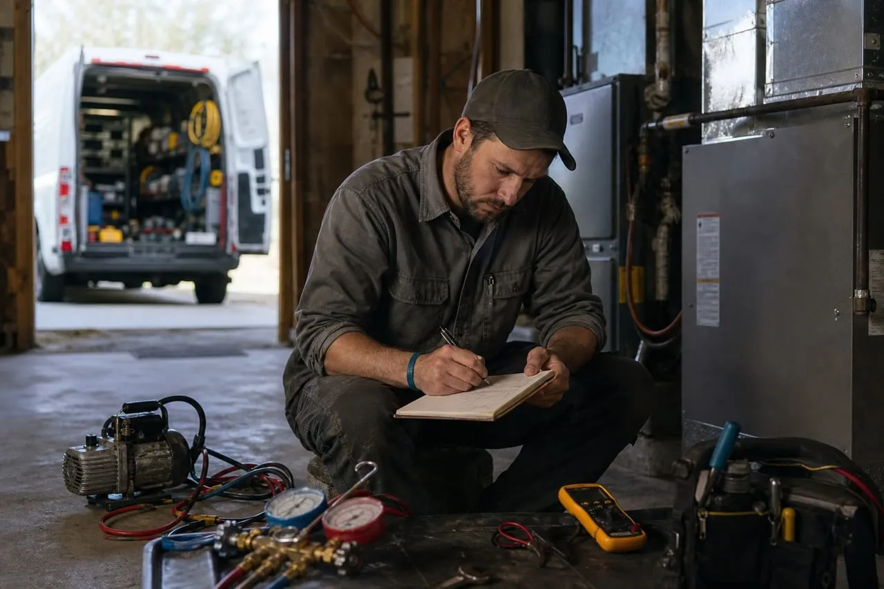 An HVAC technician at a kitchen table totaling startup costs with a calculator, notebook, and receipts, in a natural documentary style.