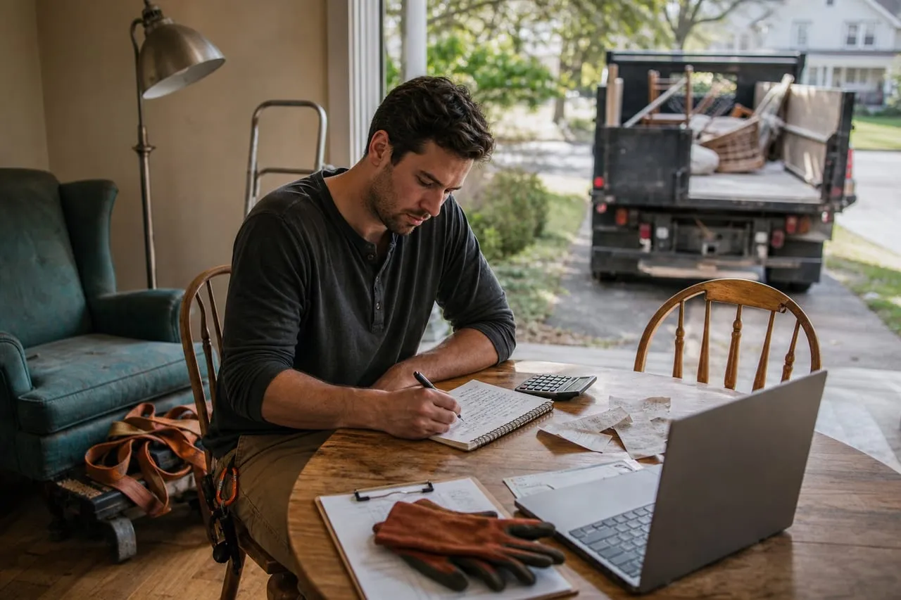 A junk removal operator at a kitchen table totaling startup costs with a calculator, notebook, and receipts, in a natural documentary style.