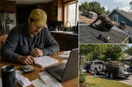 A roofing contractor at a kitchen table totaling startup costs with a calculator, notebook, and receipts, in a natural documentary style.