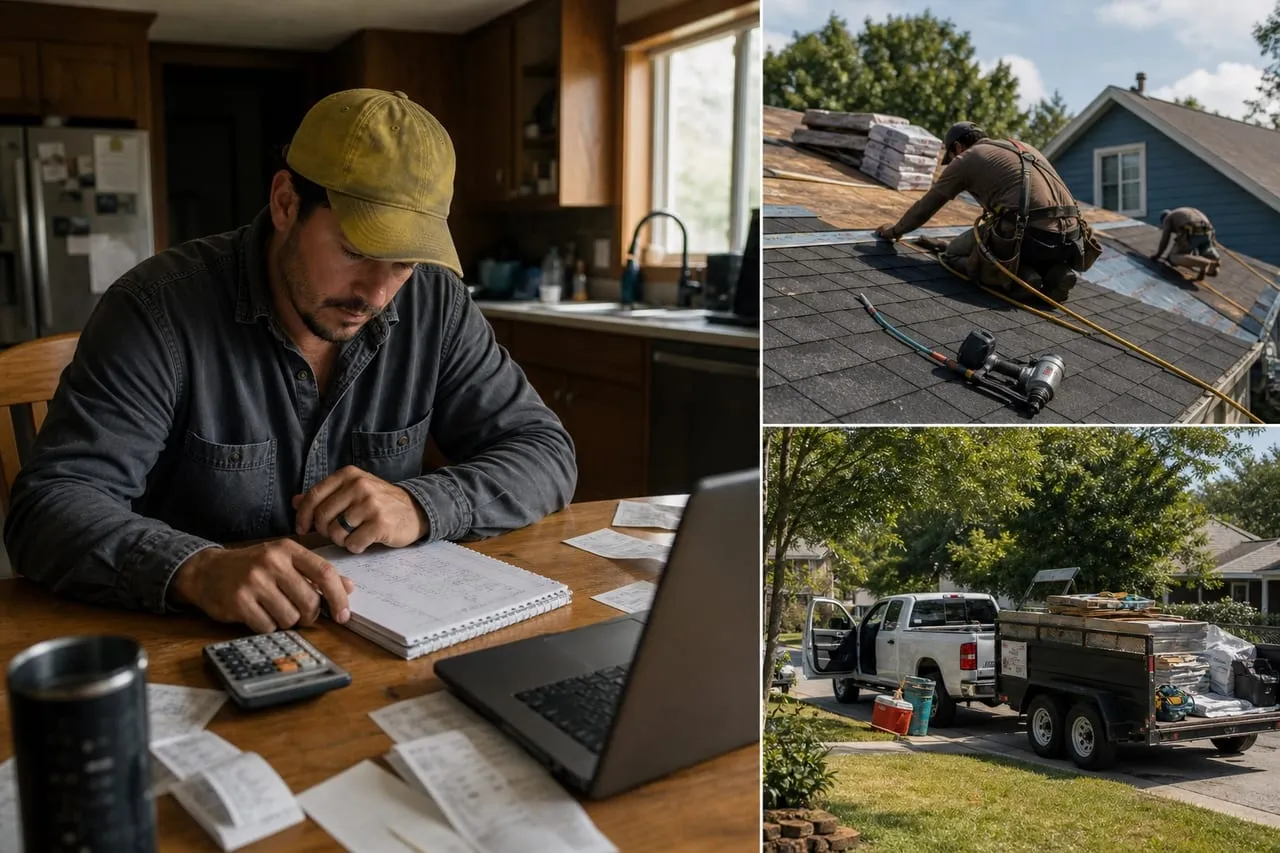 A roofing contractor at a kitchen table totaling startup costs with a calculator, notebook, and receipts, in a natural documentary style.