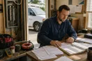 An electrician reviewing invoices and a ledger at a desk in late-afternoon light, in a natural documentary style.