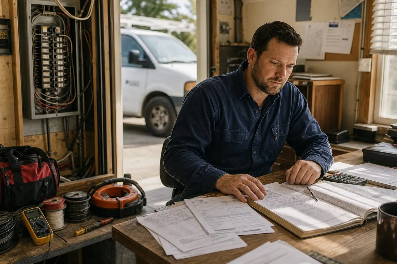 An electrician reviewing invoices and a ledger at a desk in late-afternoon light, in a natural documentary style.