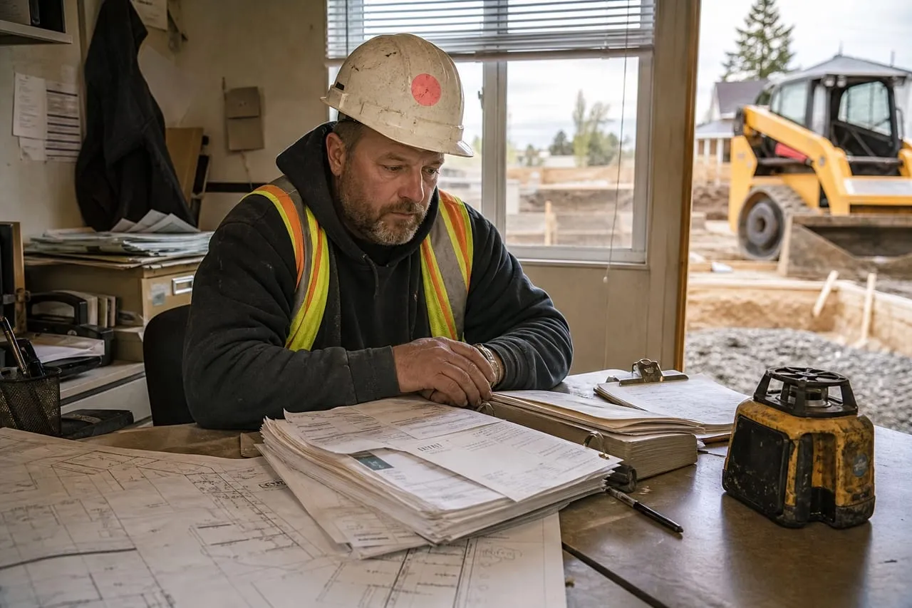 A site contractor reviewing invoices and a ledger at a desk in late-afternoon light, in a natural documentary style.
