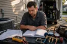An HVAC technician reviewing invoices and a ledger at a desk in late-afternoon light, in a natural documentary style.