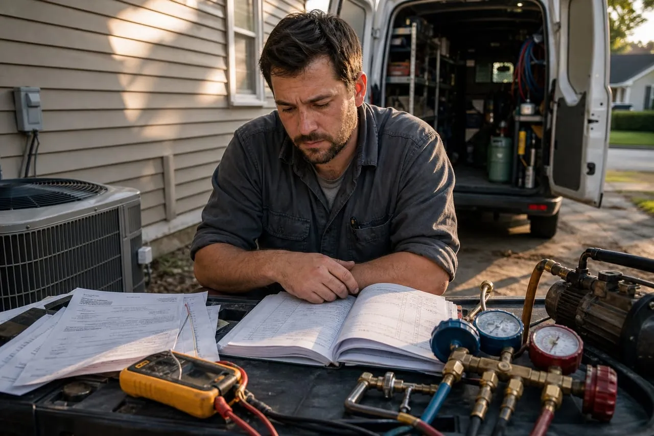 An HVAC technician reviewing invoices and a ledger at a desk in late-afternoon light, in a natural documentary style.