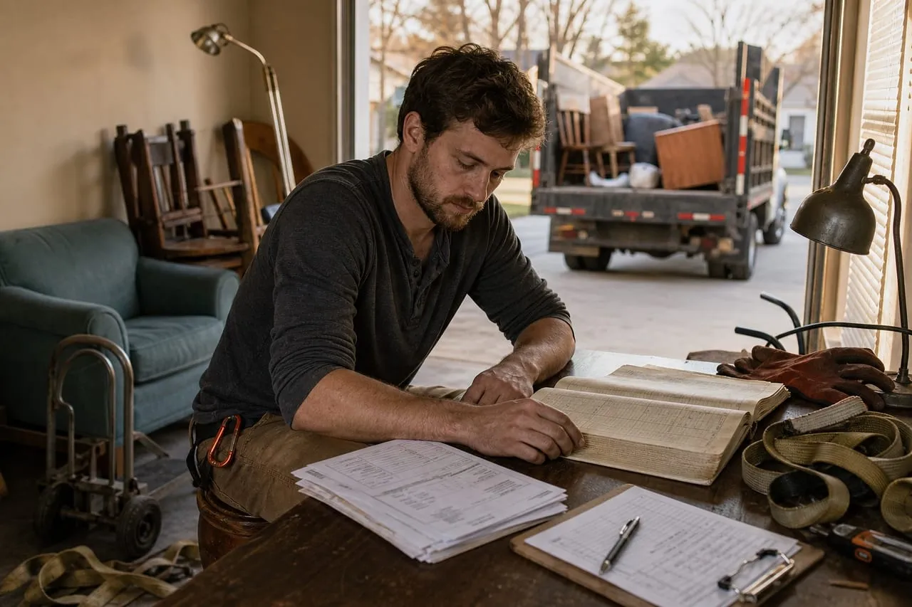 A junk removal operator reviewing invoices and a ledger at a desk in late-afternoon light, in a natural documentary style.