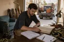 A junk removal operator reviewing invoices and a ledger at a desk in late-afternoon light, in a natural documentary style.