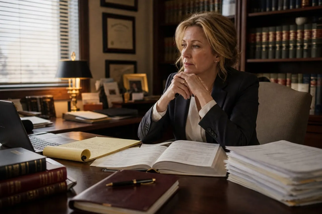 An attorney reviewing invoices and a ledger at a desk in late-afternoon light, in a natural documentary style.
