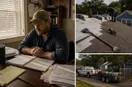 A roofing contractor reviewing invoices and a ledger at a desk in late-afternoon light, in a natural documentary style.