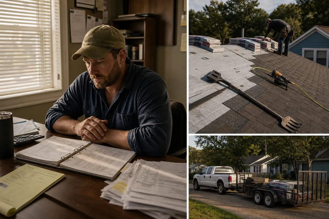 A roofing contractor reviewing invoices and a ledger at a desk in late-afternoon light, in a natural documentary style.
