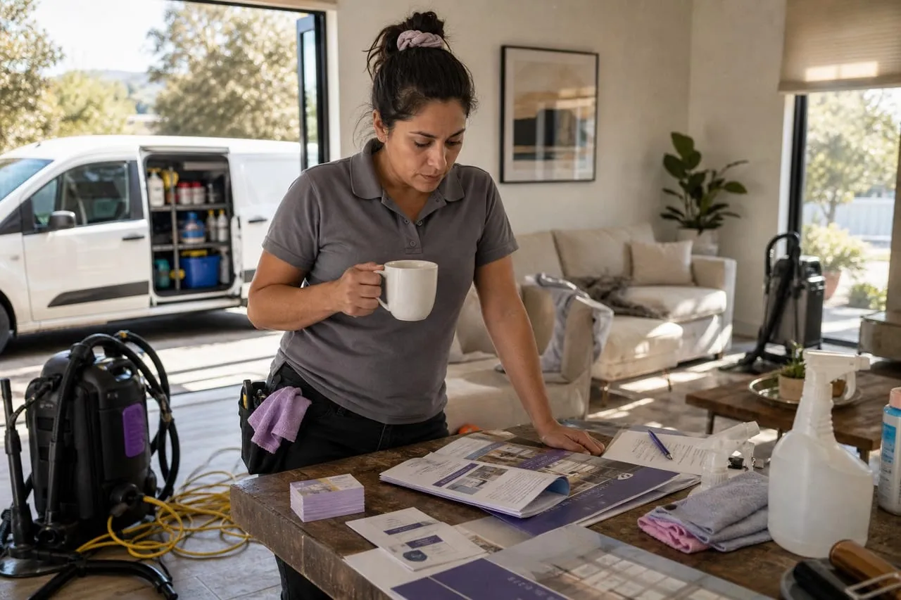 marketing materials, business cards, and a yard sign laid out on a workbench, in a natural documentary style.