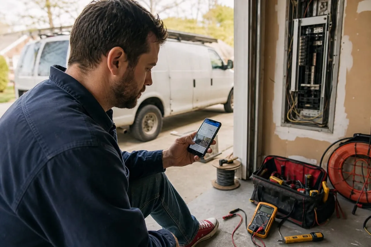 An electrician checking a social feed on a phone at the job site, in a natural documentary style.