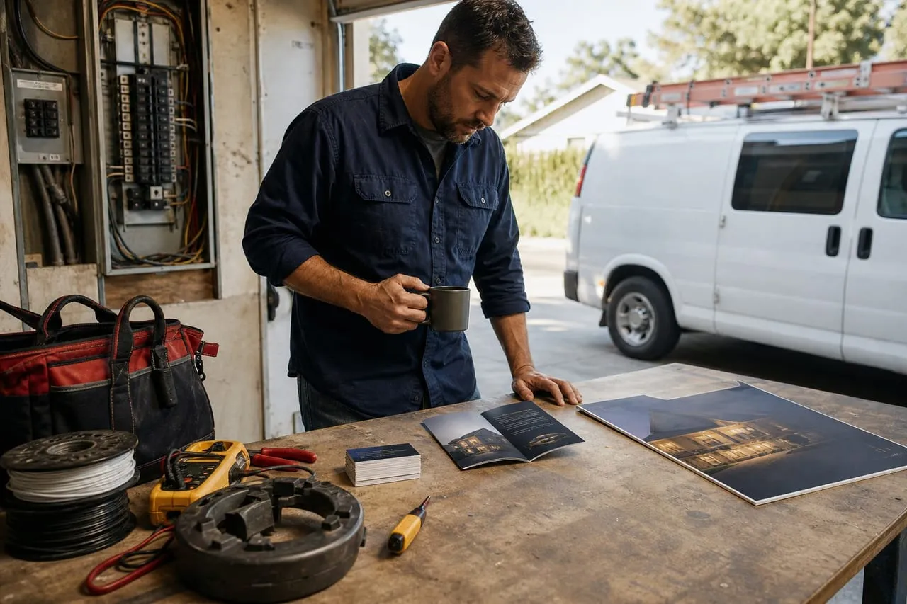 marketing materials, business cards, and a yard sign laid out on a workbench, in a natural documentary style.