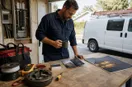 marketing materials, business cards, and a yard sign laid out on a workbench, in a natural documentary style.
