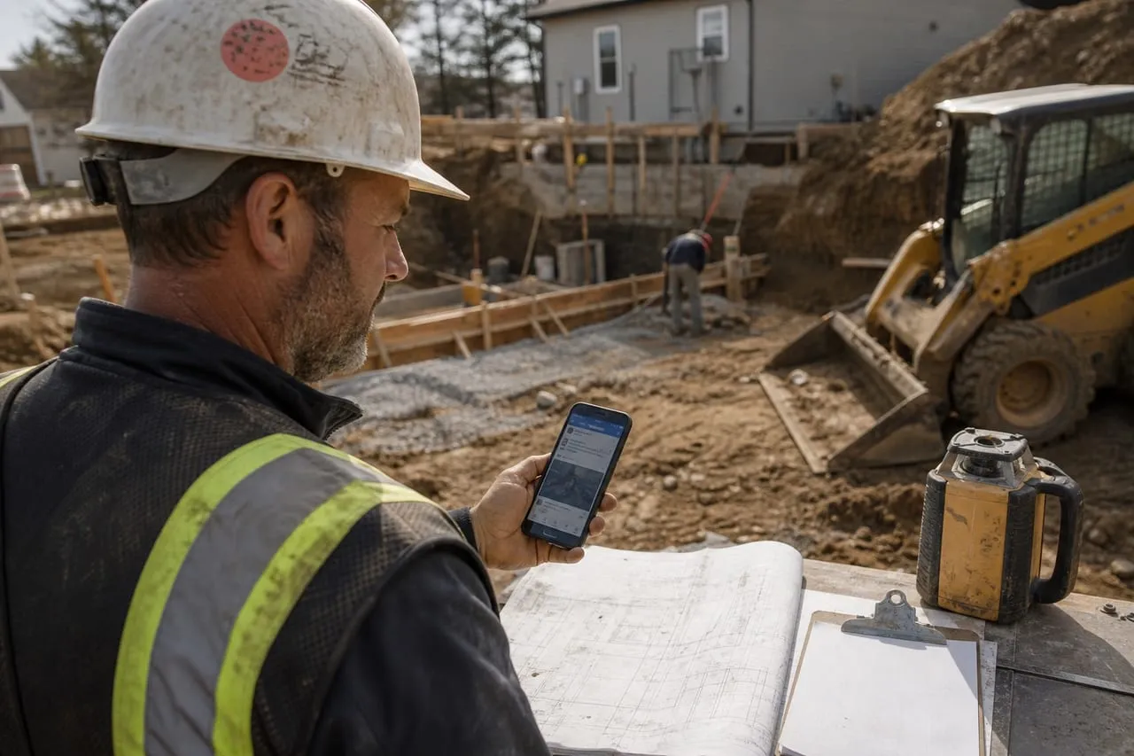 A site contractor checking a social feed on a phone at the job site, in a natural documentary style.