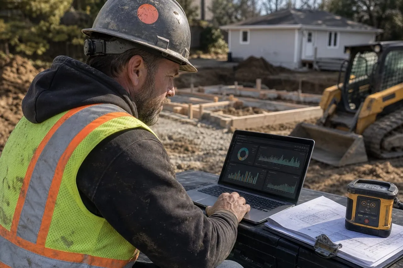A site contractor studying a metrics dashboard on a laptop in natural light, in a natural documentary style.