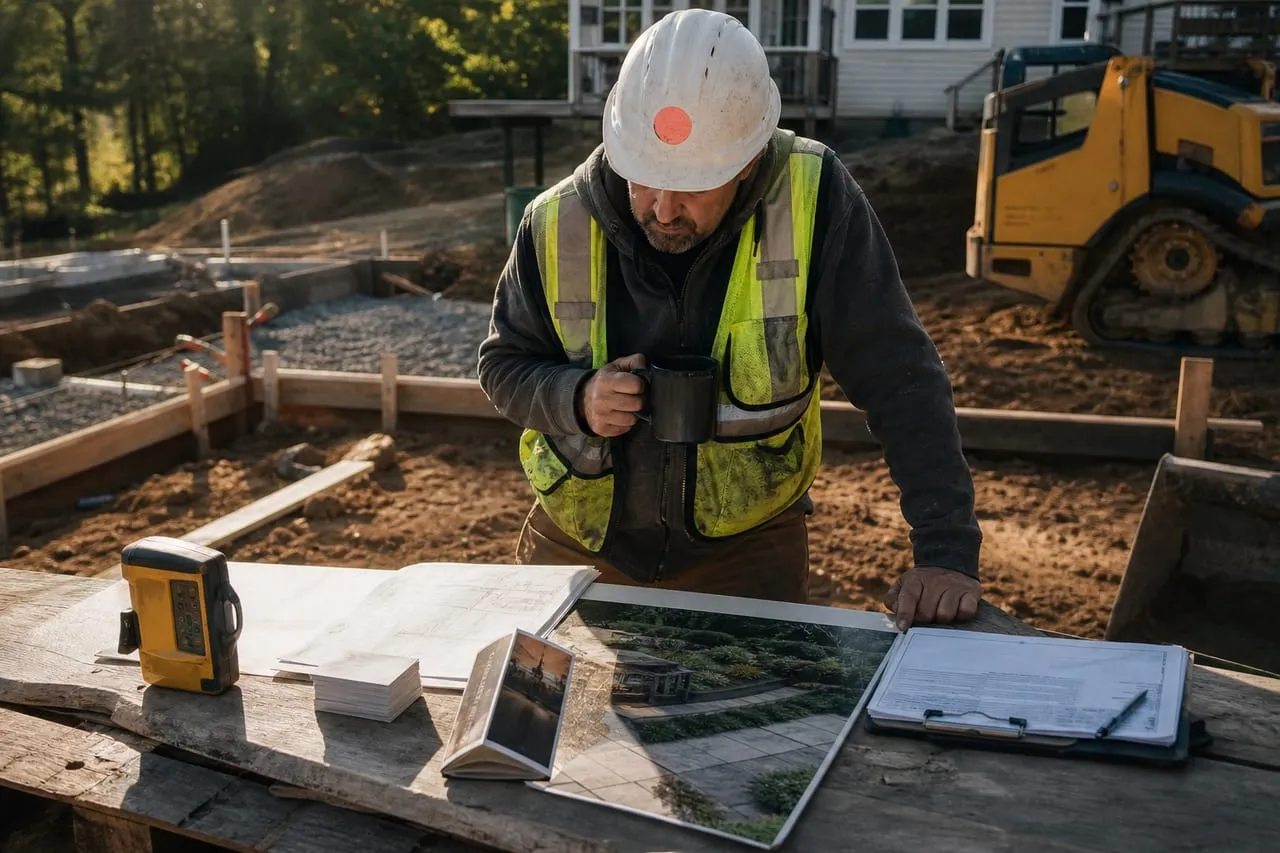 marketing materials, business cards, and a yard sign laid out on a workbench, in a natural documentary style.