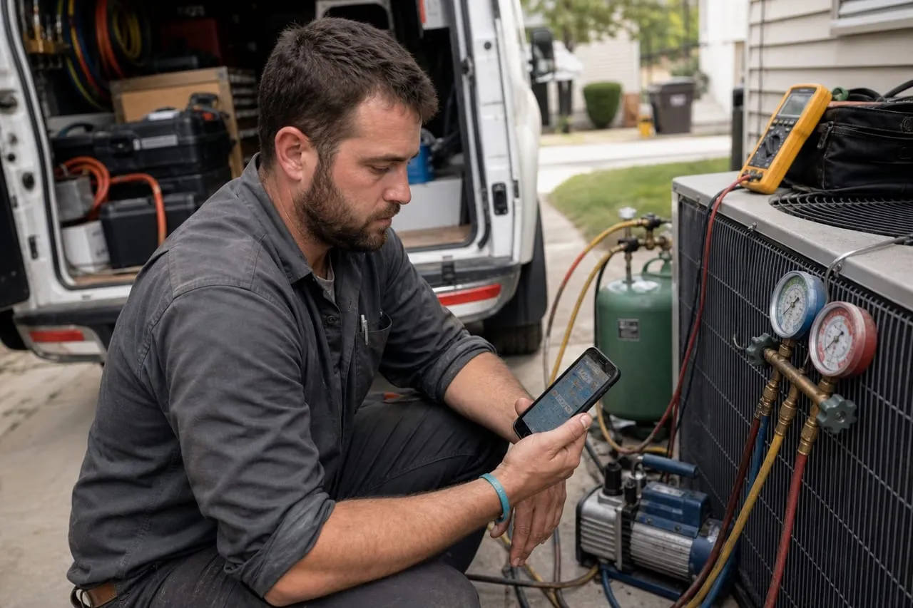 An HVAC technician checking a social feed on a phone at the job site, in a natural documentary style.