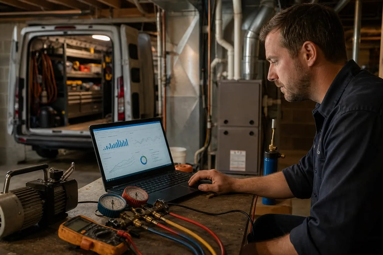An HVAC technician studying a metrics dashboard on a laptop in natural light, in a natural documentary style.