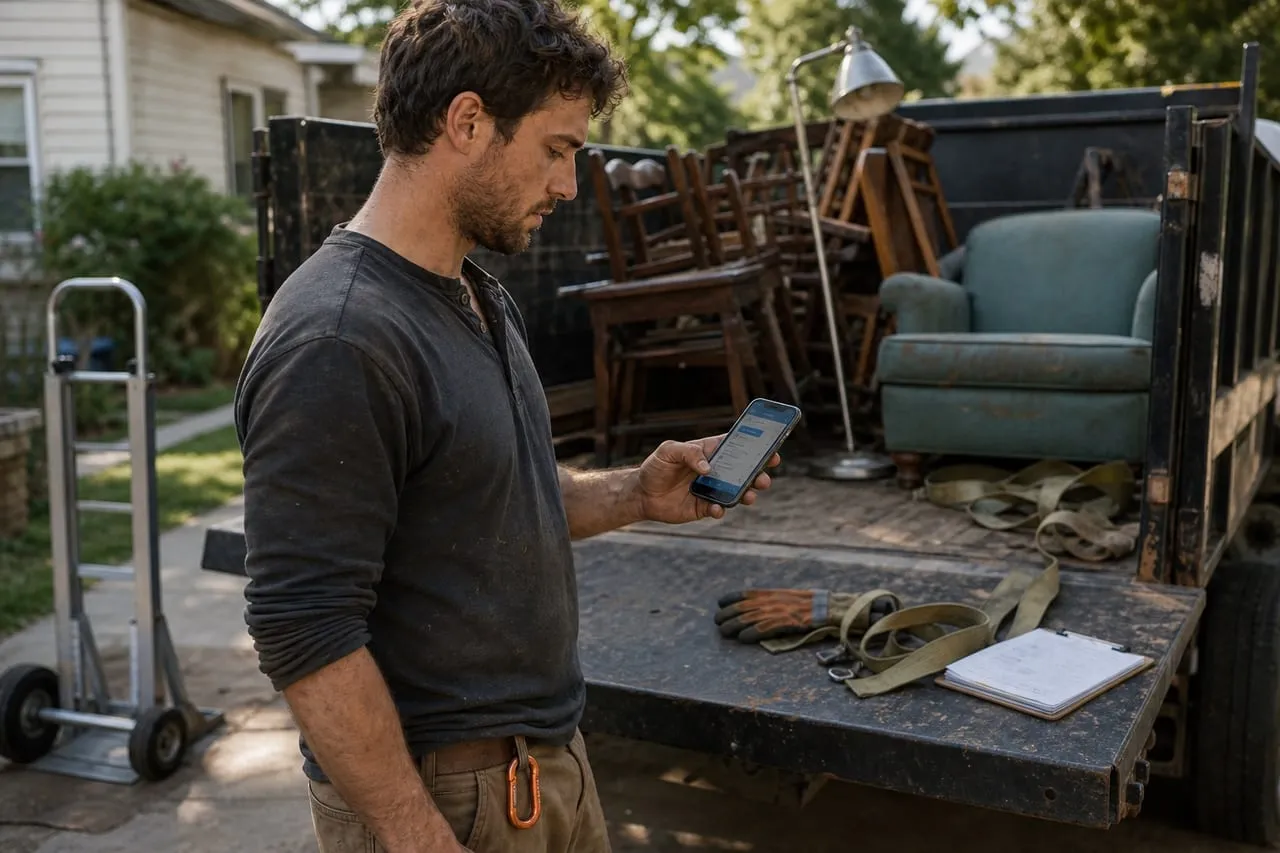 A junk removal operator checking a social feed on a phone at the job site, in a natural documentary style.