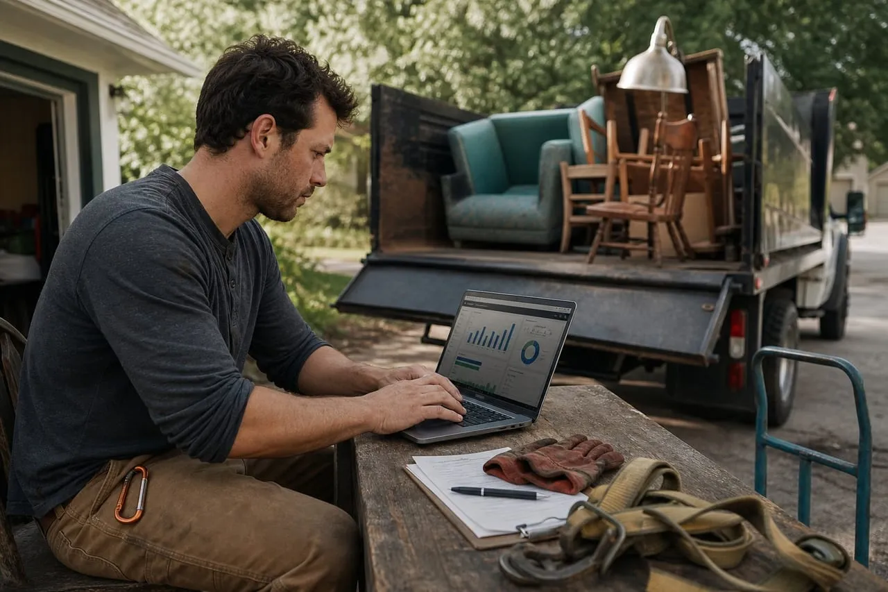 A junk removal operator studying a metrics dashboard on a laptop in natural light, in a natural documentary style.