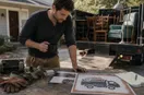 marketing materials, business cards, and a yard sign laid out on a workbench, in a natural documentary style.