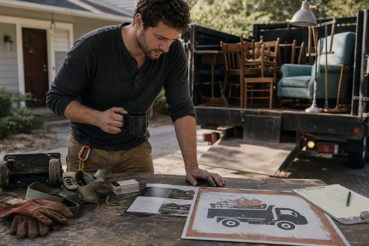 marketing materials, business cards, and a yard sign laid out on a workbench, in a natural documentary style.