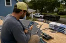 A roofing contractor checking a social feed on a phone at the job site, in a natural documentary style.