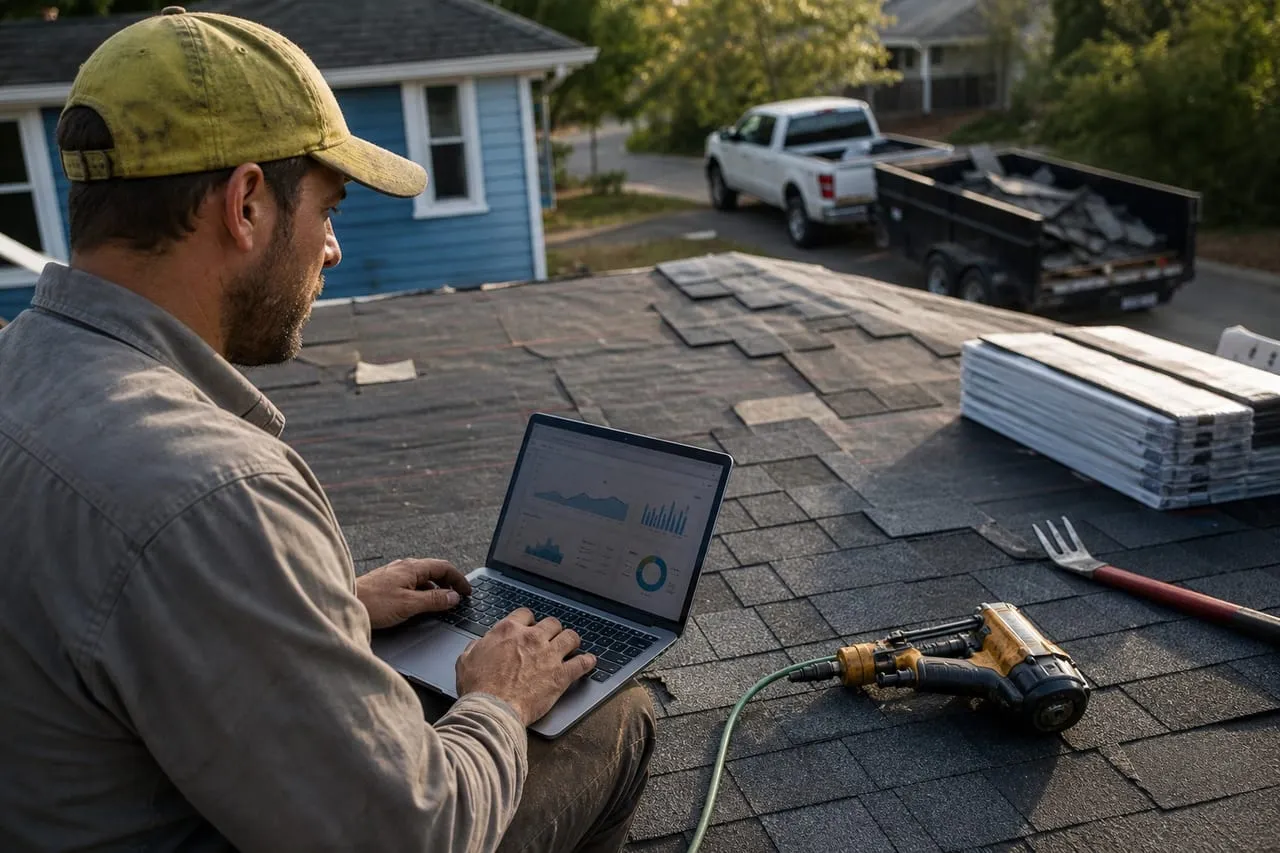 A roofing contractor studying a metrics dashboard on a laptop in natural light, in a natural documentary style.
