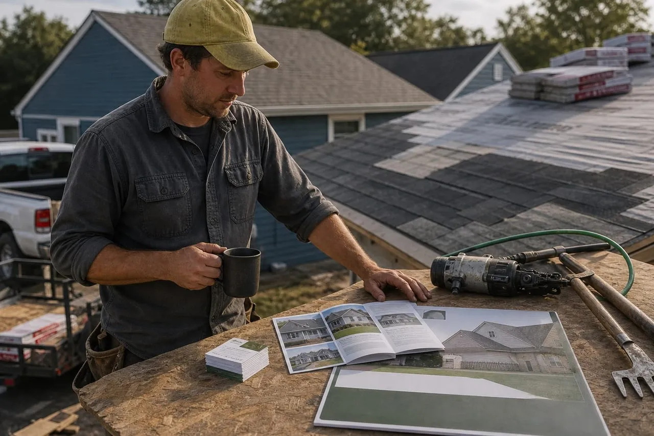 marketing materials, business cards, and a yard sign laid out on a workbench, in a natural documentary style.