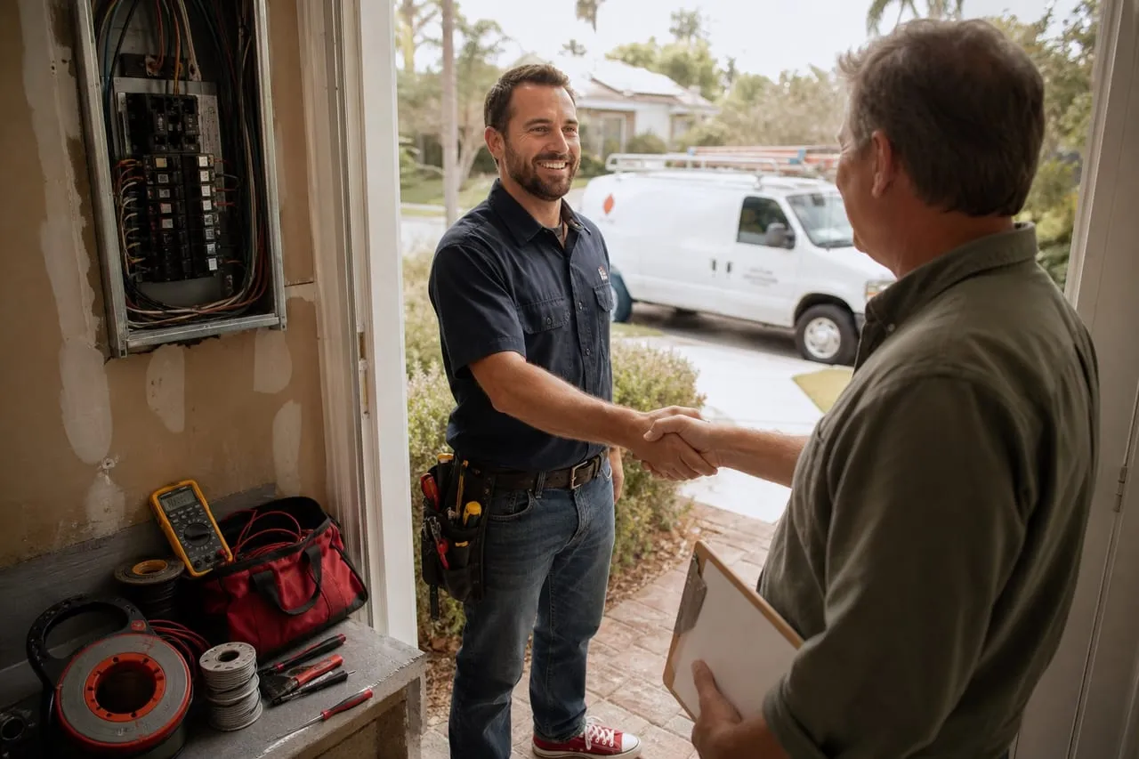 An electrician shaking hands with a homeowner at the front door, in a natural documentary style.