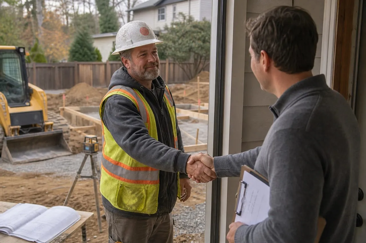 A site contractor shaking hands with a homeowner at the front door, in a natural documentary style.