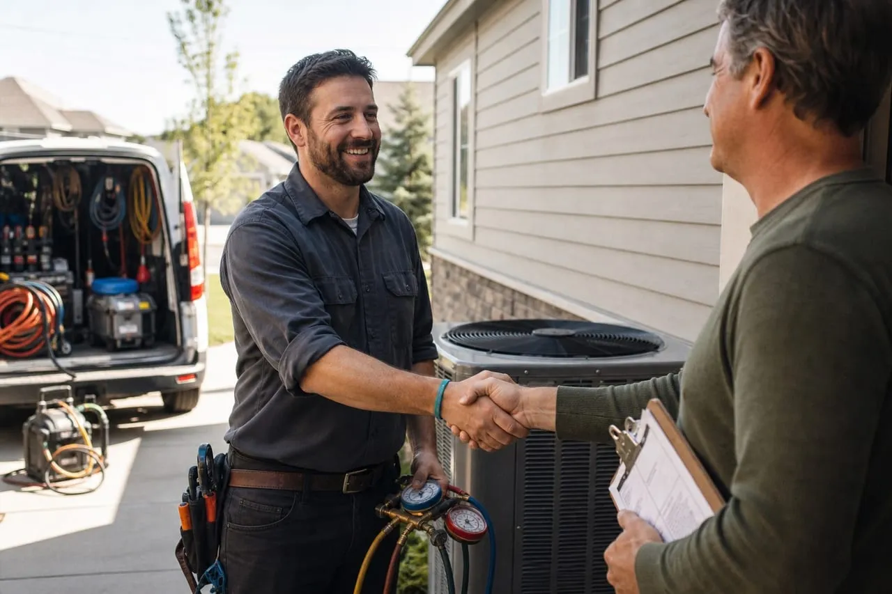 An HVAC technician shaking hands with a homeowner at the front door, in a natural documentary style.