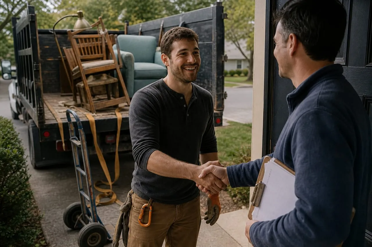 A junk removal operator shaking hands with a homeowner at the front door, in a natural documentary style.