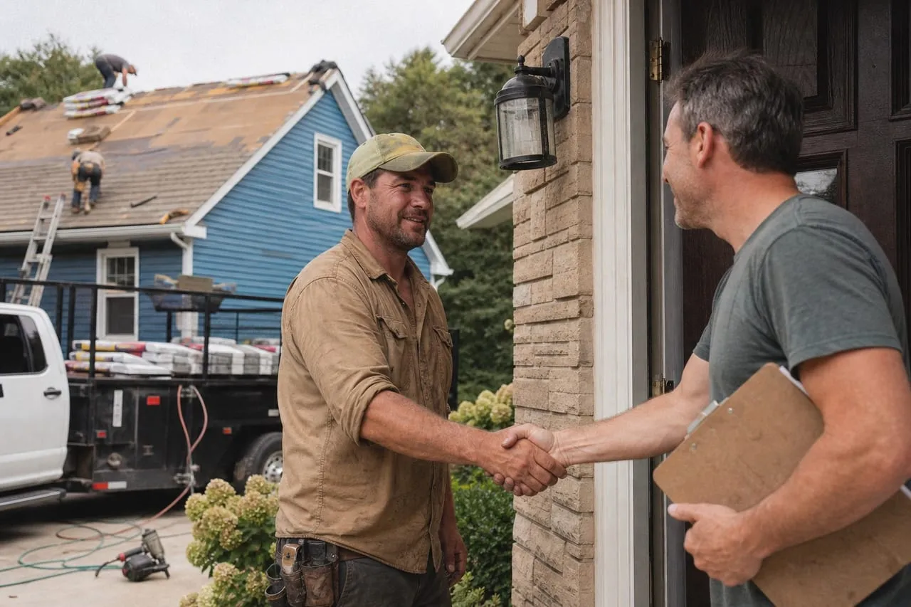A roofing contractor shaking hands with a homeowner at the front door, in a natural documentary style.