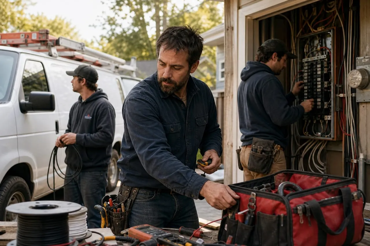 An electrician prepping two work vehicles with crew members at sunrise, in a natural documentary style.