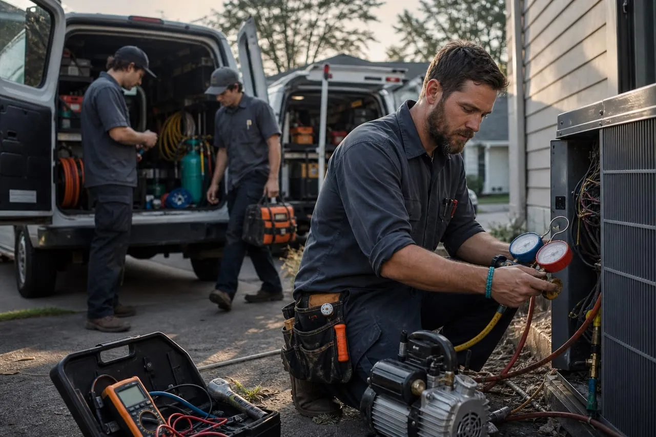 An HVAC technician prepping two work vehicles with crew members at sunrise, in a natural documentary style.