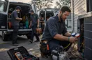 An HVAC technician prepping two work vehicles with crew members at sunrise, in a natural documentary style.