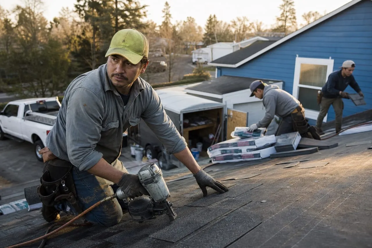 A roofing contractor prepping two work vehicles with crew members at sunrise, in a natural documentary style.
