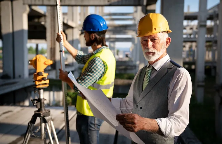 A construction company owner reviewing project schedules and blueprints with a foreman at a job trailer on a busy site, in a natural documentary style.