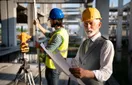 A construction company owner reviewing project schedules and blueprints with a foreman at a job trailer on a busy site, in a natural documentary style.
