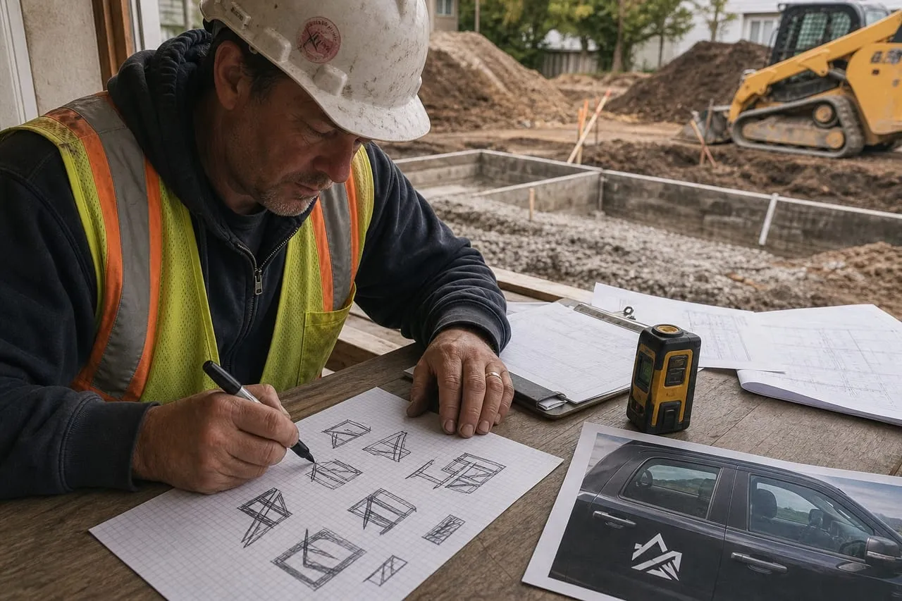 A site contractor sketching logo concepts in marker on graph paper, in a natural documentary style.