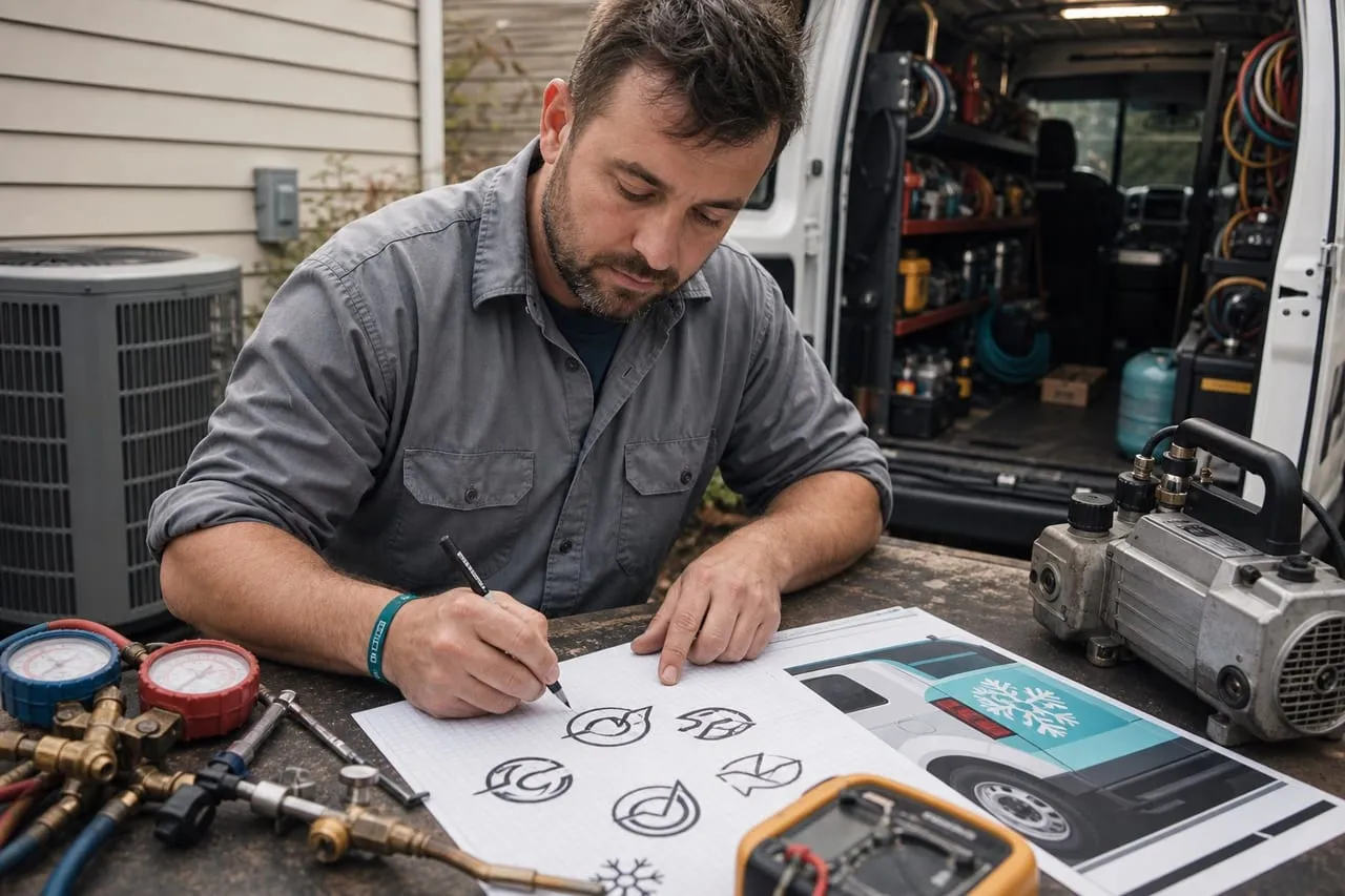 An HVAC technician sketching logo concepts in marker on graph paper, in a natural documentary style.